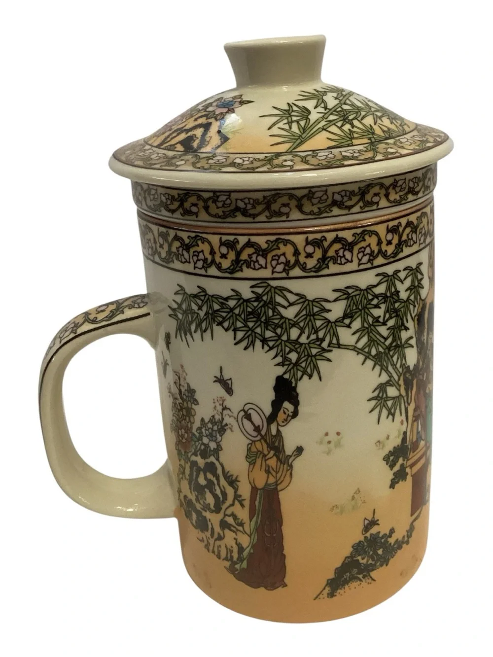 Vintage RB Asian Chinese Tea Infuser Mug Strainer Lid Geisha Floral Bamboo